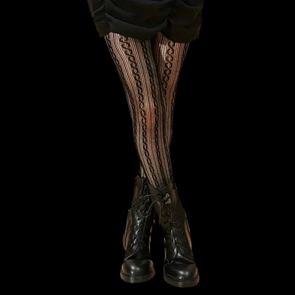Twist Pattern Black Pantyhose,‎ Sexy Slim Fit Footed Pantyhose One Size